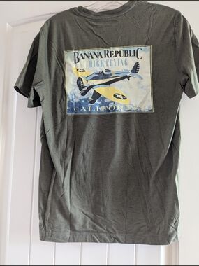 Banana Republic Olive Green Short Sleeve Tee with Airplane Graphic